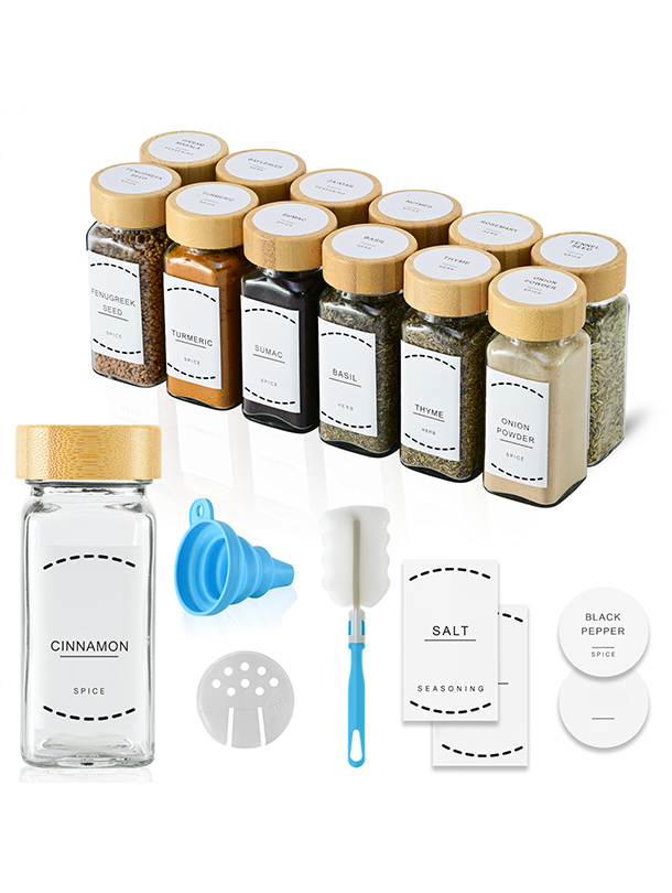 ToughHub 12 Pcs Glass Spice Jars with Bamboo Lids – For Herbs & Kitchen Organizer