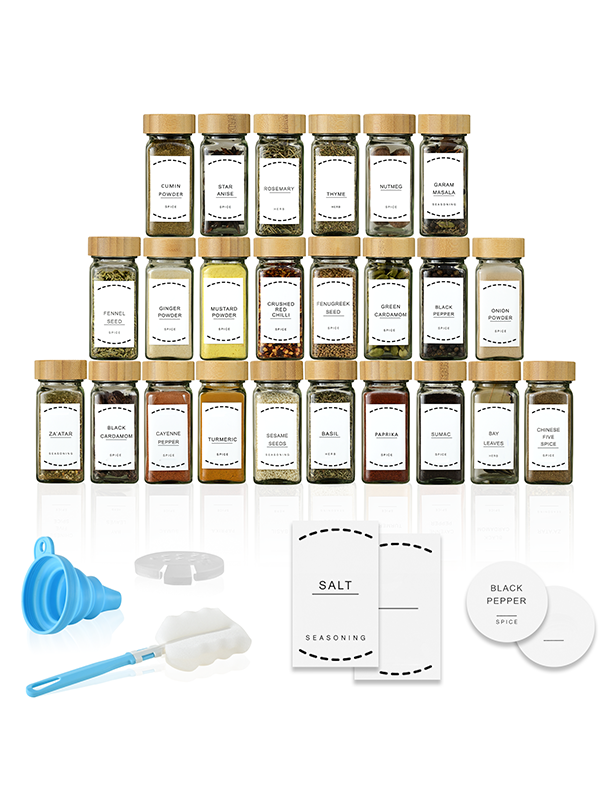 ToughHub 24 Pcs Glass Spice Jars with Bamboo Lids – For Herbs & Kitchen Organizer