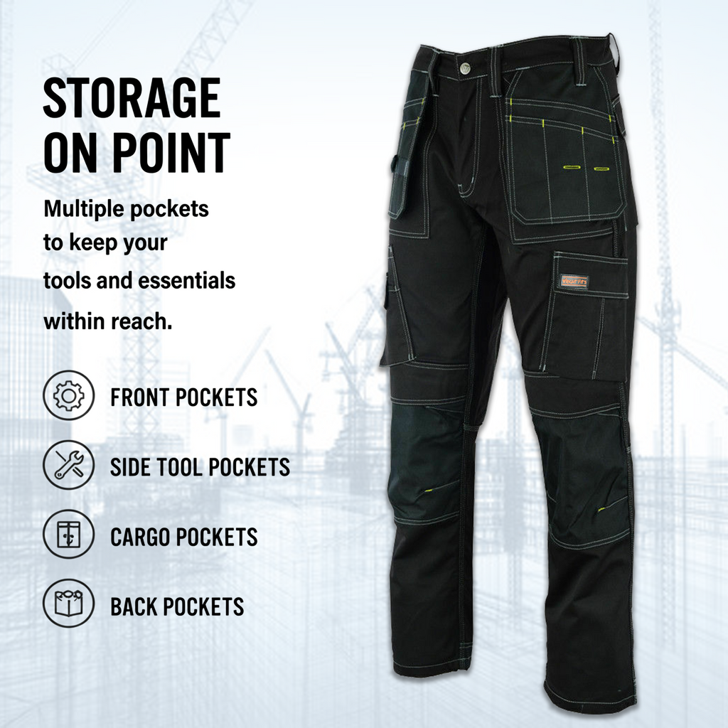 WrightFits Pro Builder Men's Work Trousers – Black Multi Pocket Cargo Workwear Heavy Duty Builder Tradesman Utility Trousers with Knee Pad Pockets