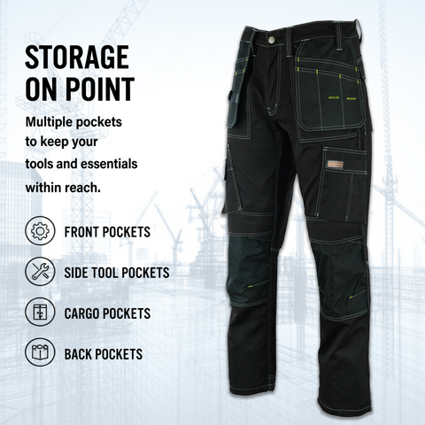 WrightFits Pro Builder Men's Work Trousers – Black Multi Pocket Cargo Workwear Heavy Duty Builder Tradesman Utility Trousers with Knee Pad Pockets