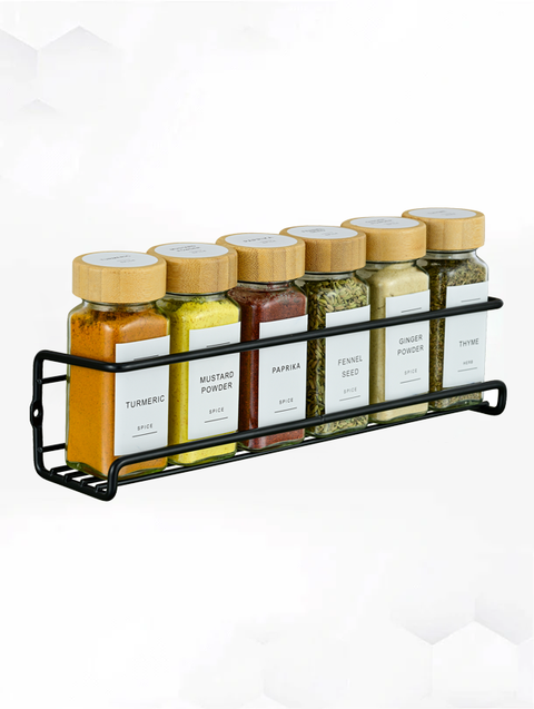 ToughHub Wall Mounted Spice Rack Organiser + 24 Pcs Glass Spice Jars with Bamboo Lids