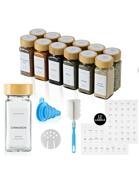 ToughHub 12 Pcs Glass Spice Jars with Bamboo Lids – For Herbs & Kitchen Organizer
