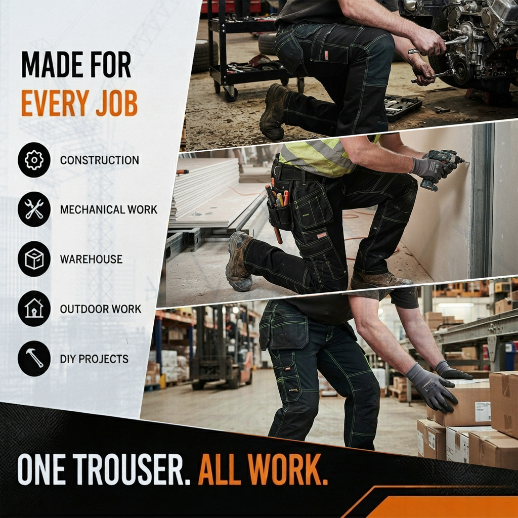 WrightFits Pro Builder Men's Work Trousers – Black Multi Pocket Cargo Workwear Heavy Duty Builder Tradesman Utility Trousers with Knee Pad Pockets