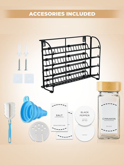 ToughHub 4 Tier 2-in-1 Spice Rack Organiser + 24 Pcs Glass Spice Jars with Bamboo Lids