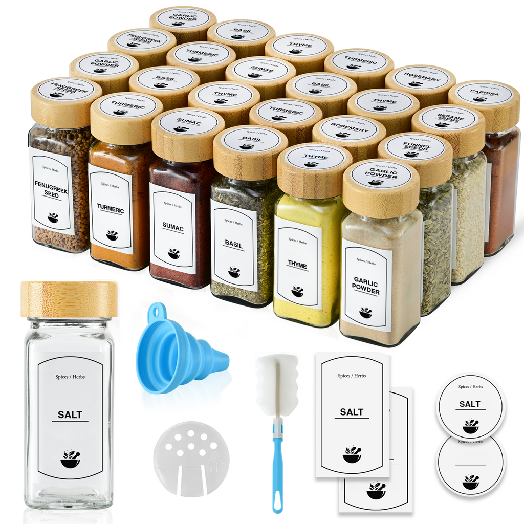 ToughHub 24 Pcs Glass Spice Jars with Bamboo Lids – For Herbs & Kitchen Organizer