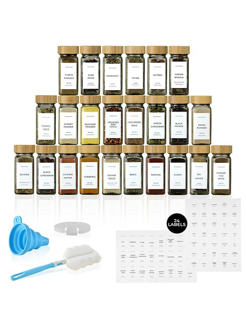 ToughHub 24 Pcs Glass Spice Jars with Bamboo Lids – For Herbs & Kitchen Organizer