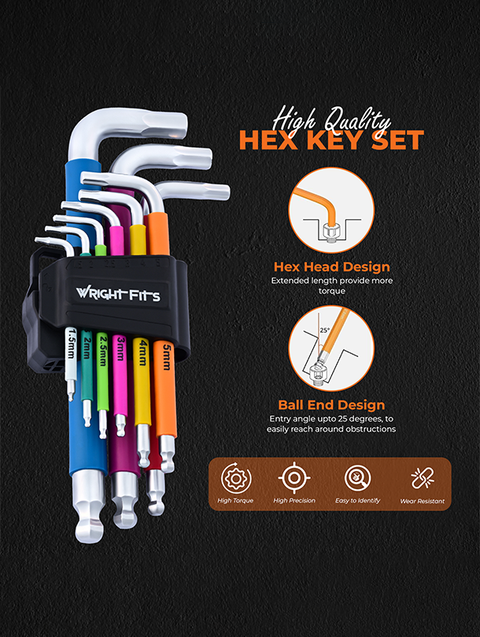 WrightFits Allen Key Set | 9 Pieces Diamond Cut Metric Hex Key Set | PE