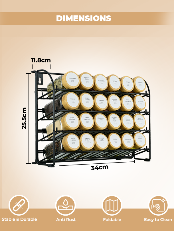 ToughHub 4 Tier Spice Rack Organiser – 2-in-1 Free Standing & Wall Mounted Iron Seasoning Rack