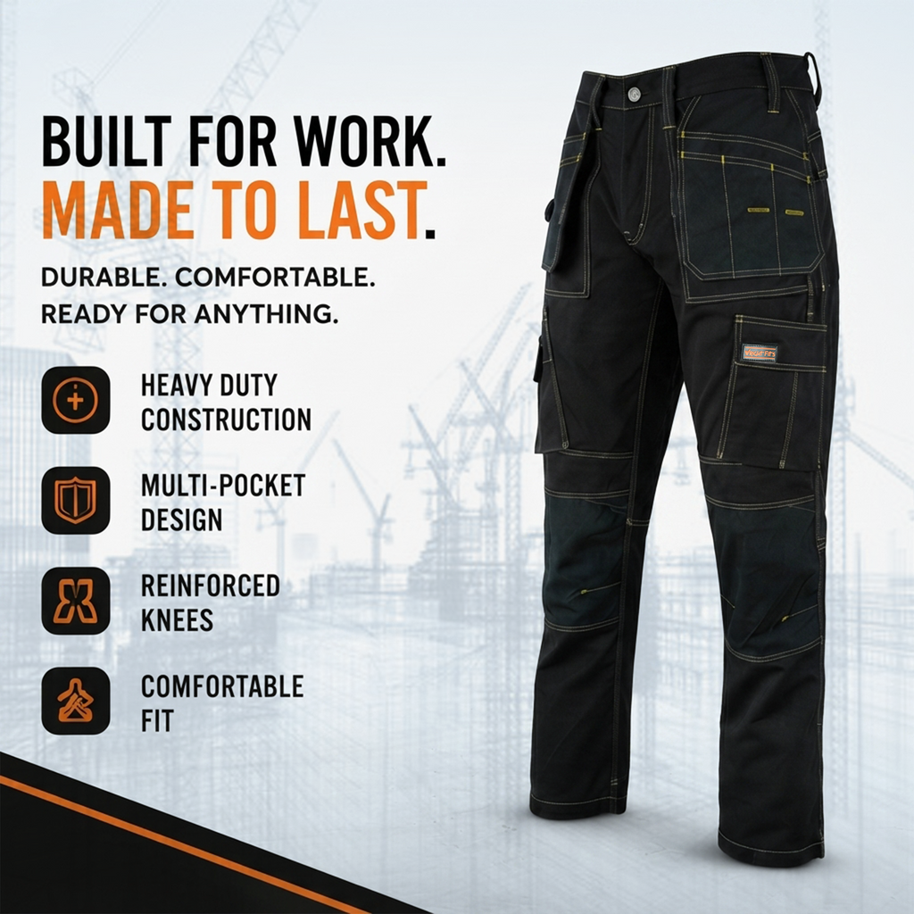 WrightFits Pro Builder Men's Work Trousers – Black Multi Pocket Cargo Workwear Heavy Duty Builder Tradesman Utility Trousers with Knee Pad Pockets
