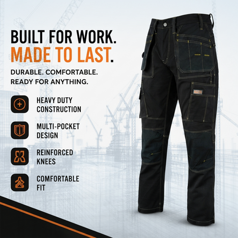 WrightFits Pro Builder Men's Work Trousers – Black Multi Pocket Cargo Workwear Heavy Duty Builder Tradesman Utility Trousers with Knee Pad Pockets