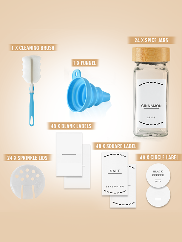 ToughHub 4 Tier 2-in-1 Spice Rack Organiser + 24 Pcs Glass Spice Jars with Bamboo Lids