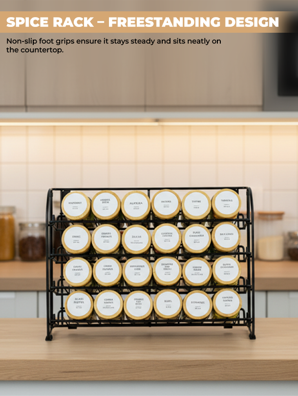 ToughHub 4 Tier 2-in-1 Spice Rack Organiser + 24 Pcs Glass Spice Jars with Bamboo Lids