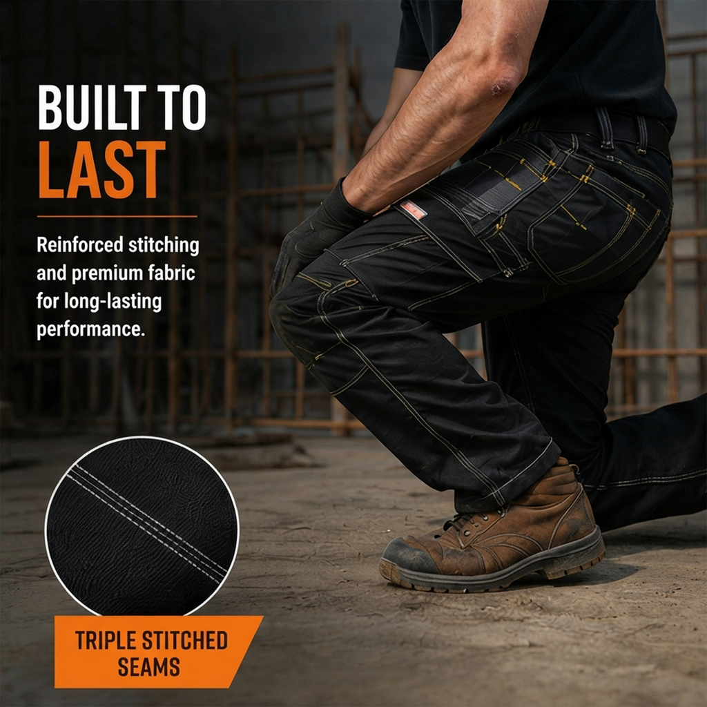 WrightFits Pro Builder Men's Work Trousers – Black Multi Pocket Cargo Workwear Heavy Duty Builder Tradesman Utility Trousers with Knee Pad Pockets