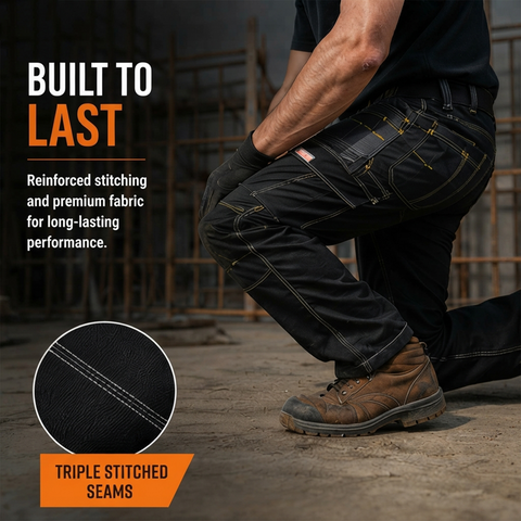 WrightFits Pro Builder Men's Work Trousers – Black Multi Pocket Cargo Workwear Heavy Duty Builder Tradesman Utility Trousers with Knee Pad Pockets