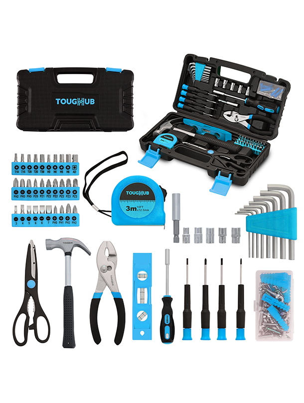 Toughhub® 134-Piece Home Tool Kit Set  - HouseHold Tool Kit and Ideal for Car DIY  enthusiasts Hand Tools Set with Hammer, Hex Keys, Screwdrivers, Sockets, Measuring Tape, Fasteners & Tool Box – Complete Repair & Maintenance Set