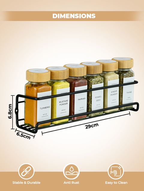 ToughHub Wall Mounted Spice Rack Organiser + 24 Pcs Glass Spice Jars with Bamboo Lids