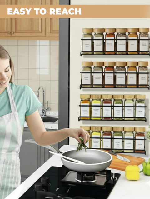 ToughHub Wall Mounted Spice Rack Organiser + 24 Pcs Glass Spice Jars with Bamboo Lids