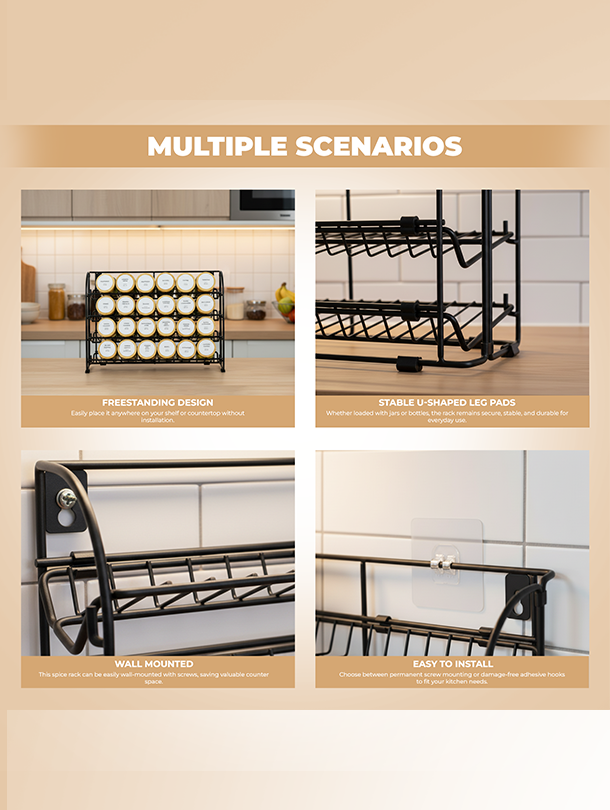 ToughHub 4 Tier Spice Rack Organiser – 2-in-1 Free Standing & Wall Mounted Iron Seasoning Rack