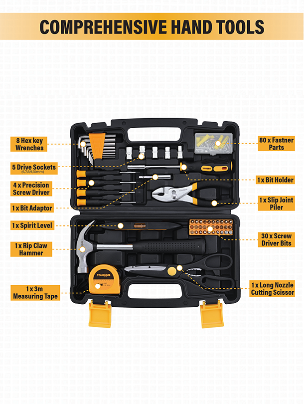 ToughHub 100 Pcs Tool Kit – DIY Hand Tool Set for Home Repairs & Maintenance - Tool Box with Tools Included Plier, Hammer, Adjustable Wrench, and Hex Key Set (2.96, Kilograms) (Yellow, 100)
