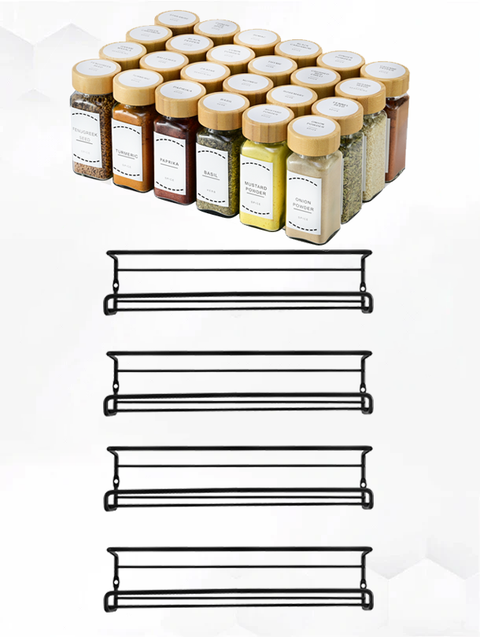 ToughHub Wall Mounted Spice Rack Organiser + 24 Pcs Glass Spice Jars with Bamboo Lids