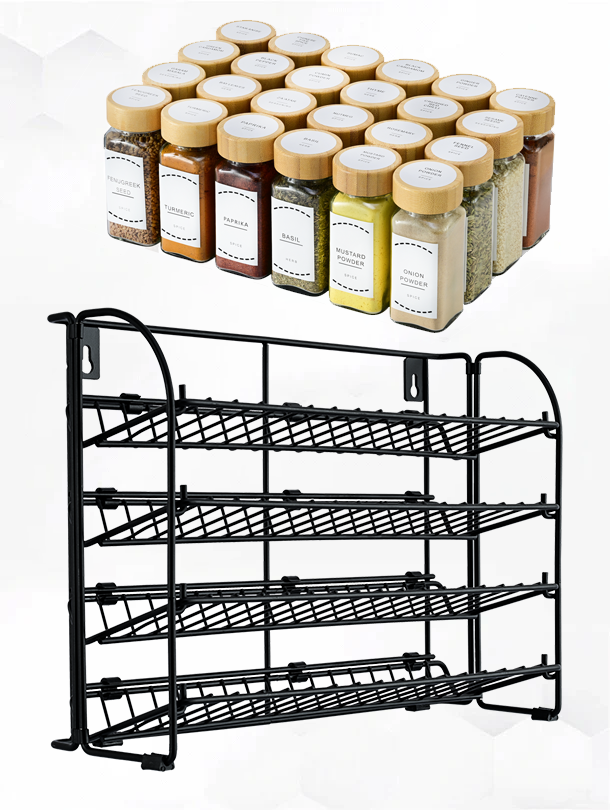ToughHub 4 Tier 2-in-1 Spice Rack Organiser + 24 Pcs Glass Spice Jars with Bamboo Lids