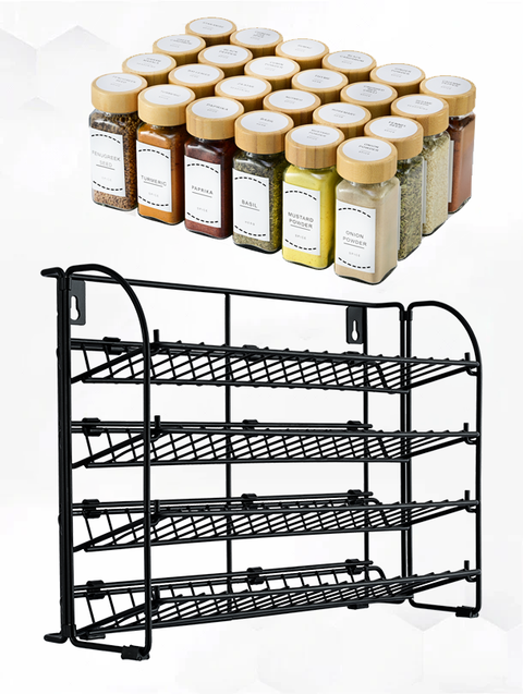 ToughHub 4 Tier 2-in-1 Spice Rack Organiser + 24 Pcs Glass Spice Jars with Bamboo Lids