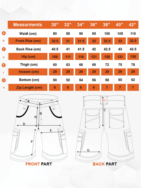 WrightFits Olympian shorts - black work shorts-mens shorts-size chart