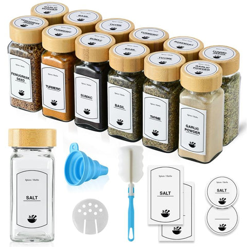 ToughHub 12 Pcs Glass Spice Jars with Bamboo Lids – For Herbs & Kitchen Organizer