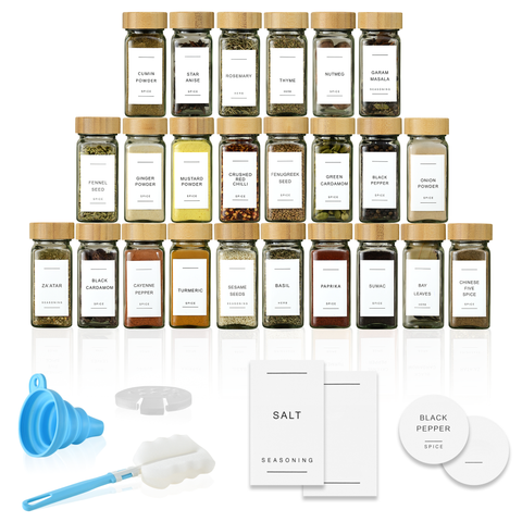 ToughHub 24 Pcs Glass Spice Jars with Bamboo Lids – For Herbs & Kitchen Organizer