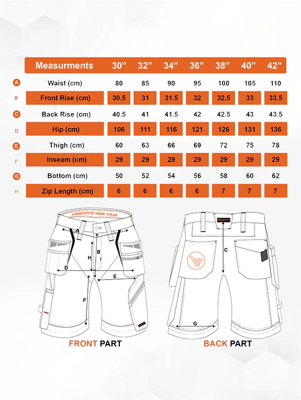 work shorts-wrightFits grey shorts-cargo work shorts-size chart