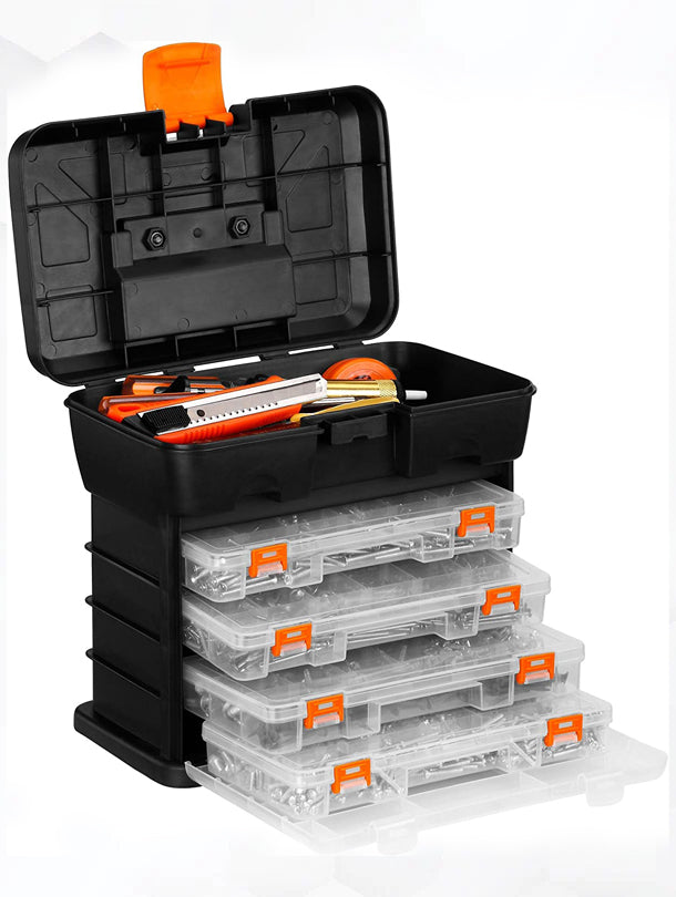 Utility Tool Box Organizer Case with 4 Drawers & Adjustable Dividers